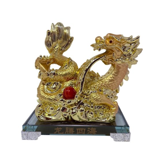 Dragons Rising All Over the World Gold Statue Feng Shui Chinese Figurine 7.5” T - Picture 3 of 8